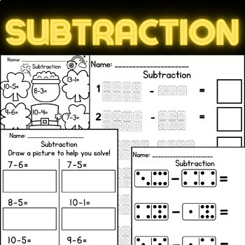 Preview of Subtraction Worksheets With Ten frames, dominoes, cubes and more manipulatives!