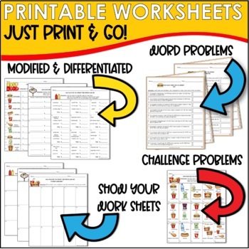 addition money worksheets and word problems menu math tpt