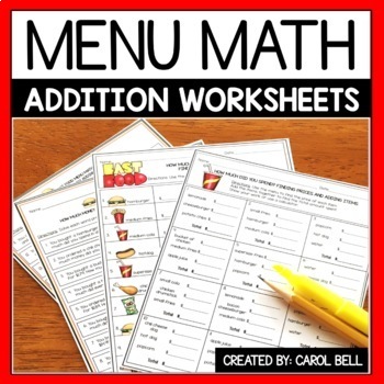 Preview of Addition Money Worksheets and Word Problems Menu Math