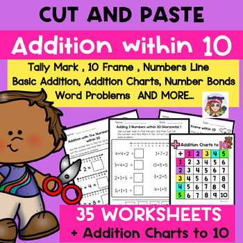 Preview of Addition within 10 Worksheets Activity Math Cut and Paste Worksheets