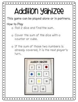 addition yahtzee by sunshine and second grade teachers pay teachers