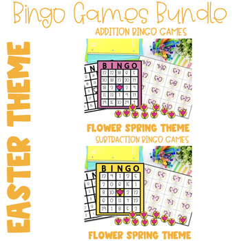 Preview of Addition and Subtraction Bingo Spring Flower Math Game 1st,2nd,3rd Grade