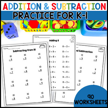Preview of Addition and Subtraction Practice Worksheets for Kindergarten and First Grade