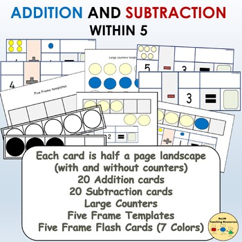 Preview of Addition and Subtraction Cards within 5 using Five Frame Counters Flash Cards