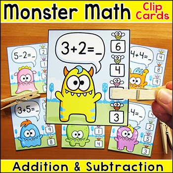 Preview of Monster Theme Addition & Subtraction Clip Cards - A Fun Math Center