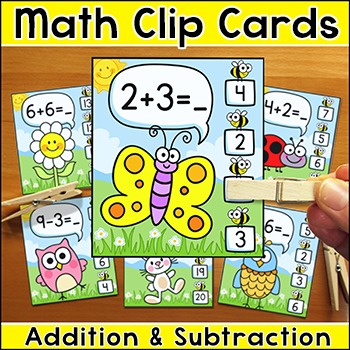 Preview of Addition and Subtraction Clip Cards Spring Math Center