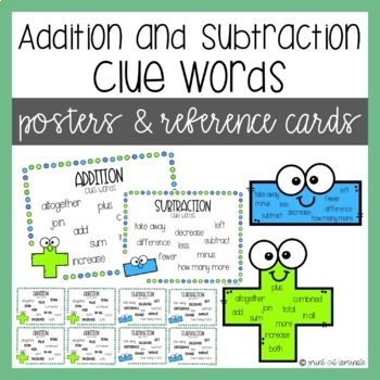 Preview of Addition and Subtraction Clue Words Posters and Reference Cards