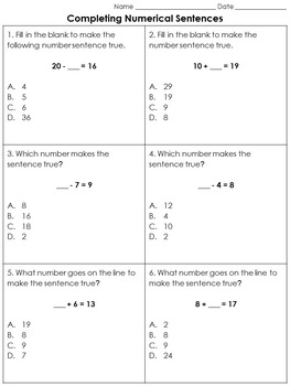 Addition and Subtraction: Completing Numerical Sentences Practice Sheets #1