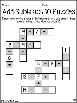Addition and Subtraction Crosswords making 10 within 20 by Nicole Cox