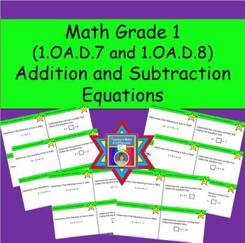 Preview of Addition and Subtraction Equations Task Cards (CCSS.1.OA.D.7 and 1.OA.D.8)