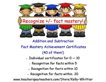 Preview of Addition and Subtraction Fact Mastery Achievement Recognition Certificates
