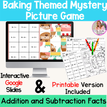 Preview of Addition and Subtraction Facts Mystery Digital and Printable Game | Baking Theme