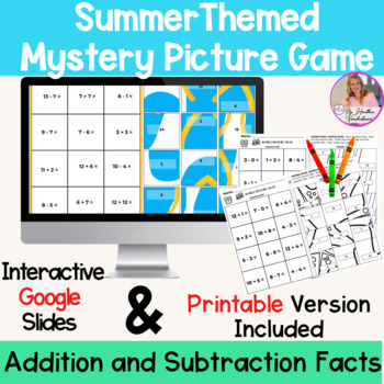 Preview of Addition and Subtraction Facts Mystery Digital and Printable Game | Summer Theme