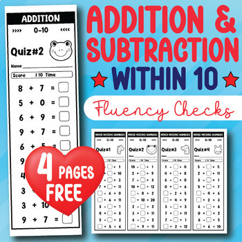 Preview of Addition and Subtraction Fluency Within 10 Worksheets Quiz Fluency checks FREE