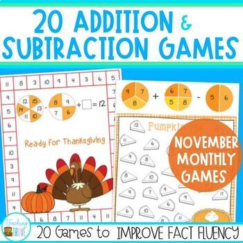 Preview of November & Thanksgiving Addition & Subtraction within 20 Games Printable No Prep