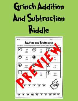 Preview of Addition and Subtraction Grinch Riddles