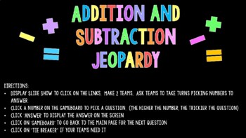 Preview of Addition and Subtraction Jeopardy Game
