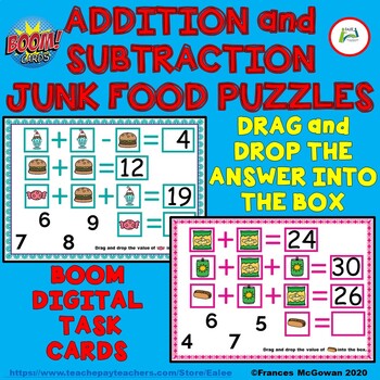 Preview of Addition and Subtraction Junk Food Puzzles BOOM Learning Task Cards