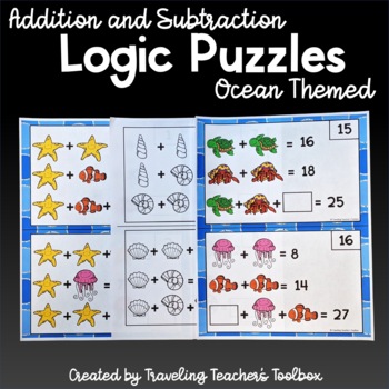 Preview of Addition and Subtraction Math Logic Puzzles Task Cards | Ocean Themed