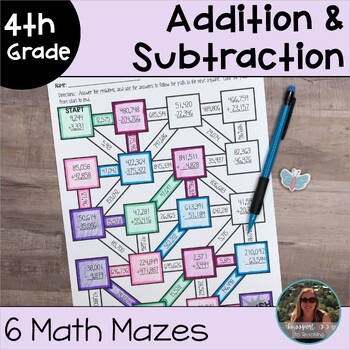 Preview of Multi Digit Addition and Subtraction Math Maze Worksheets 4th Grade