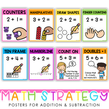Preview of Addition and Subtraction Math Strategy Posters - Rainbow OR Neutral Colors