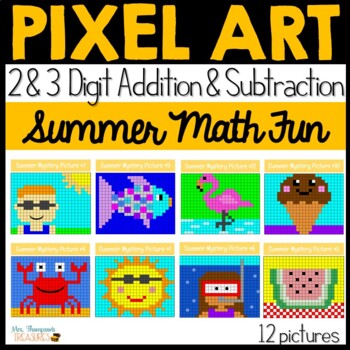 Preview of Addition and Subtraction Math Summer Pixel Art Activities BUNDLE