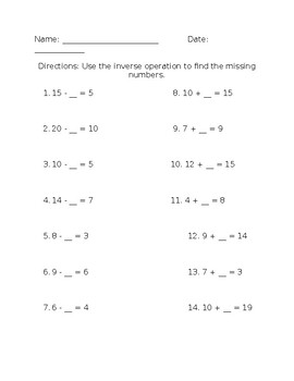 addition and subtraction missing number worksheet by mssalomonsstore