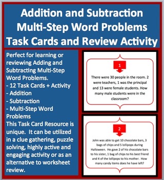 Preview of Addition and Subtraction Multi-Step Word Problems - Task Cards and Activity