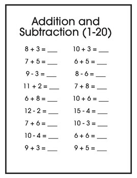 Addition and Subtraction Numbers 1-20 Practice Worksheet by The Joyful ...