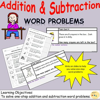 Preview of Addition and Subtraction One-Step Word Problems Worksheets and Task Cards