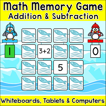 Preview of Addition and Subtraction Game - Penguins Memory Matching Winter Math Activity