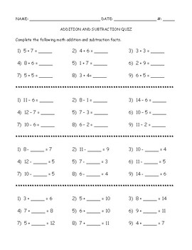 Addition and Subtraction Quiz by Carol McClelland | TPT