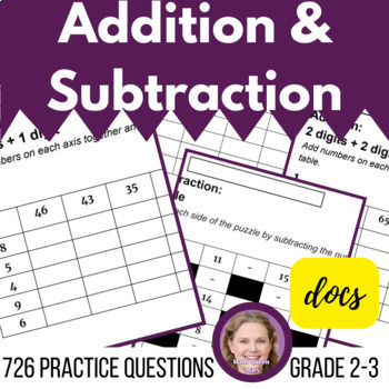 Preview of Addition and Subtraction Review Worksheets with 1 Digit & 2 Digits Grade 2 and 3