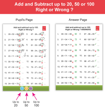 Preview of Addition and Subtraction Quiz  up to 20, 50 or 100 - Right or Wrong ? Worksheet