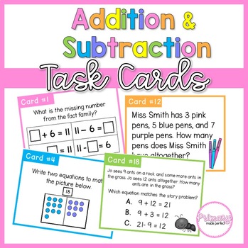 Preview of Addition and Subtraction Task Cards- 1st Grade Problem Solving Center