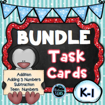 Preview of Winter Addition and Subtraction Task Cards Bundle |  Winter Math Activities