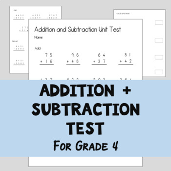 Preview of Addition + Subtraction Test for Grade 4 - BC/Ontario