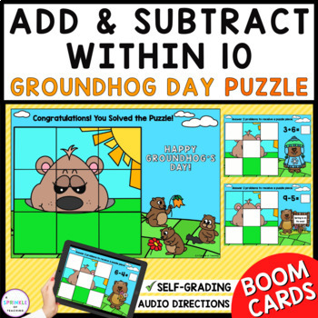 Preview of Add & Subtract Math Mystery Picture Puzzle Groundhog's Day Boom Cards Within 10