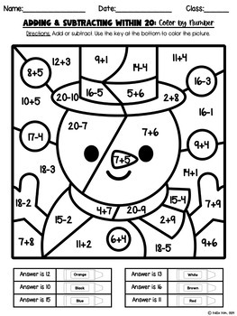 Addition & Subtraction Within 20: Snowman Color by Number Activity by ...