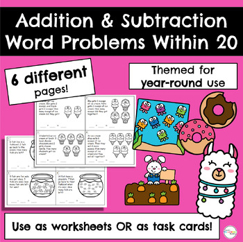 Preview of Addition and Subtraction Within 20 Word Problem Worksheets / Task Cards