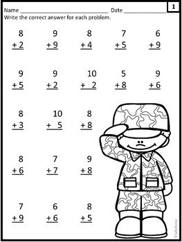veterans day math worksheets addition and subtraction within 20