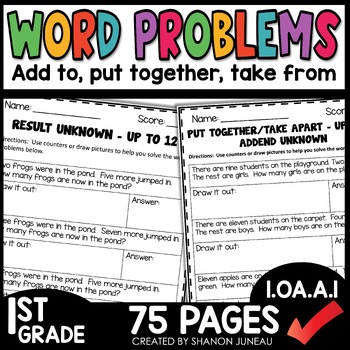 Preview of 1st Grade Math Word Problems Addition & Subtraction to 12 Worksheets Single Step