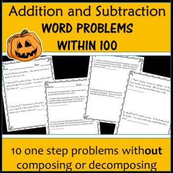 Preview of Addition and Subtraction Word Problems Halloween Theme One Step Within 100