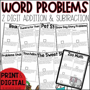 Preview of Addition and Subtraction Word Problems Worksheets Print & Google for 2nd Grade