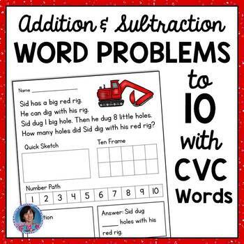 Preview of Kindergarten & 1st Grade Math Addition & Subtraction CVC Word Problem Worksheets