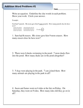 Addition and Subtraction Word Problems with Clue Words 1 OA A 1