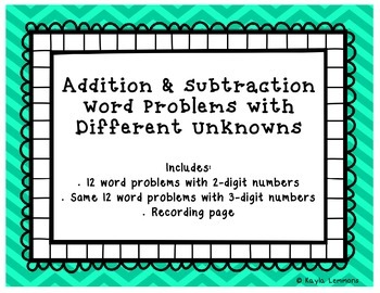 Preview of Addition and Subtraction Word Problems with Different Unknowns