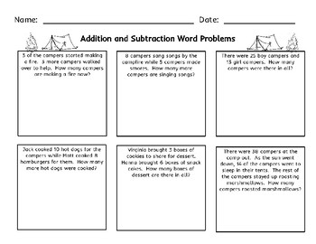 Preview of Addition and Subtraction Word Problems with a Camping Theme