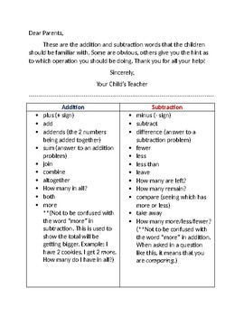 Preview of Addition and Subtraction Words for Parents
