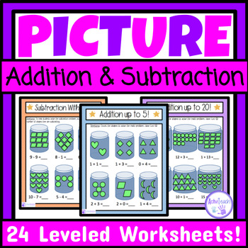 Preview of Basic Addition and Subtraction Picture Worksheets Packet with Pictures SPED Math